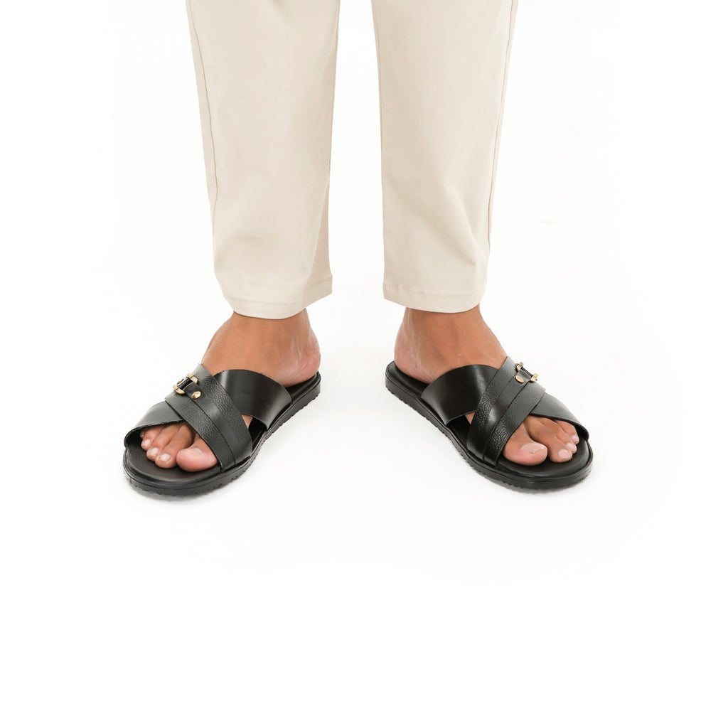 Cross-Strapped Buckled Slippers - Black