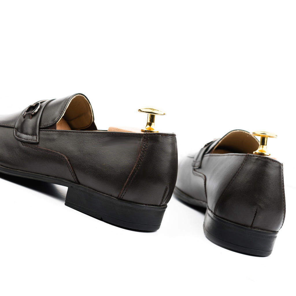 Gun Metal Buckled Leather Loafers - Dark Brown