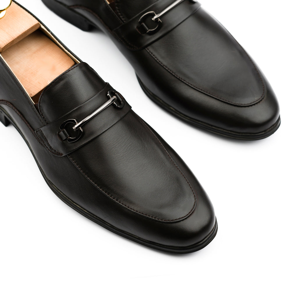Gun Metal Buckled Leather Loafers - Dark Brown