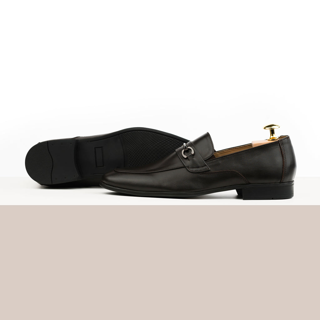 Gun Metal Buckled Leather Loafers - Dark Brown