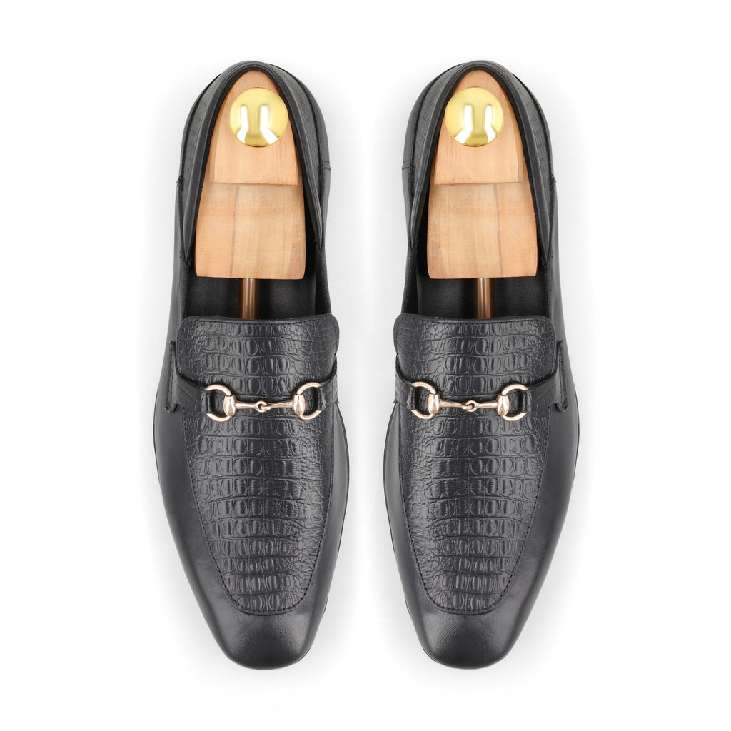 Classic Crocodile Embossed Loafers - Black
