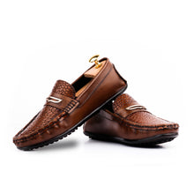Load image into Gallery viewer, Snakeskin Embossed Buckled Moccasins - Brown