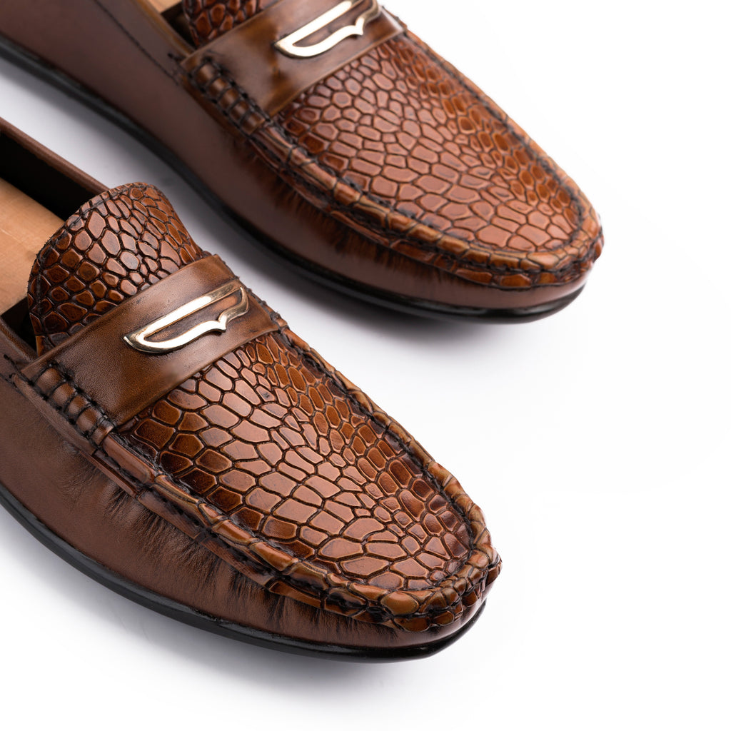 Snakeskin Embossed Buckled Moccasins - Brown