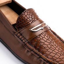 Load image into Gallery viewer, Snakeskin Embossed Buckled Moccasins - Brown