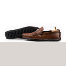 Load image into Gallery viewer, Snakeskin Embossed Buckled Moccasins - Brown