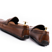 Load image into Gallery viewer, Snakeskin Embossed Buckled Moccasins - Brown