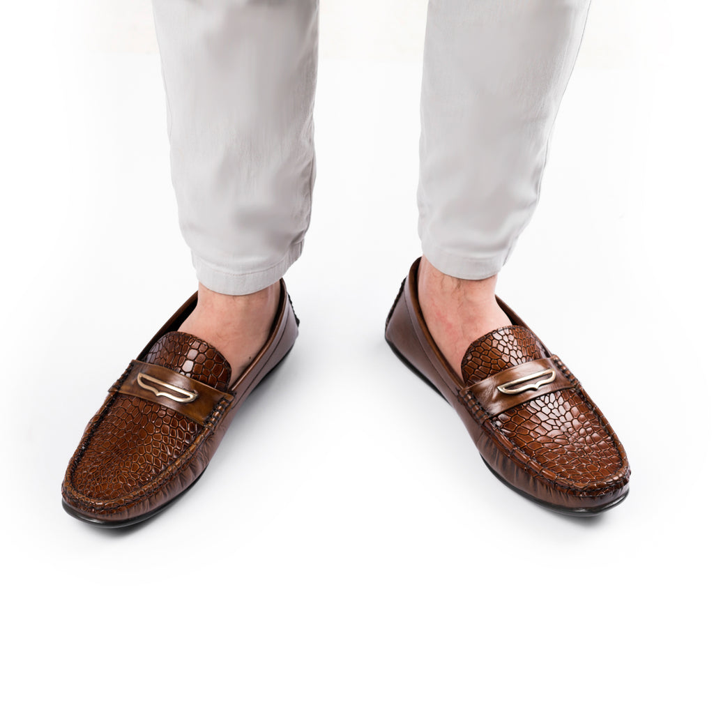 Snakeskin Embossed Buckled Moccasins - Brown