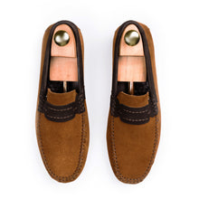 Load image into Gallery viewer, Navy Seude Collar Moccasins - Tan