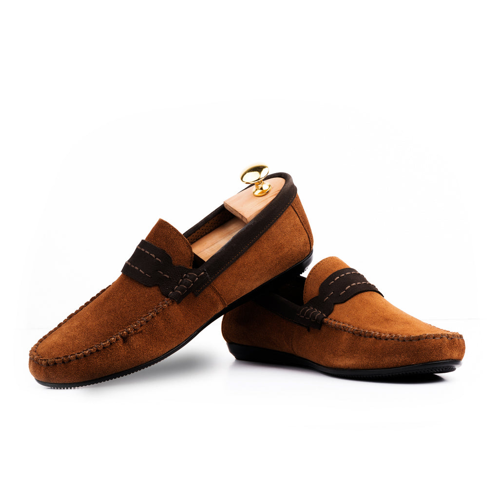 Navy Seude Collar Moccasins - Tan