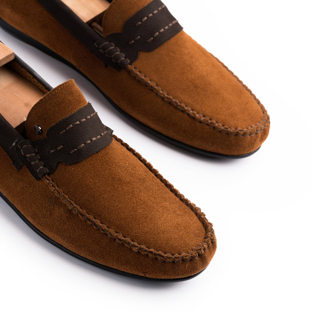 Navy Seude Collar Moccasins - Tan
