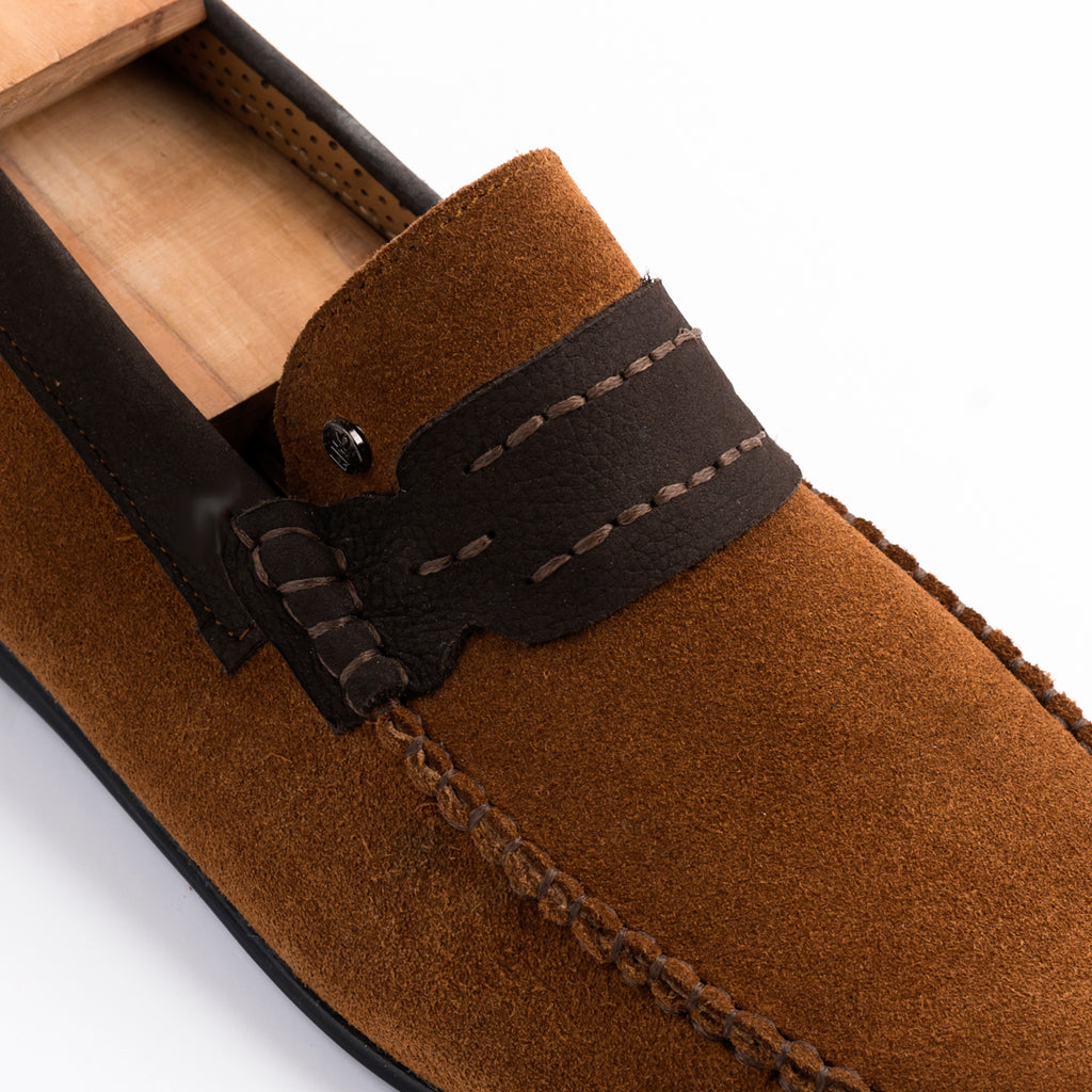 Navy Seude Collar Moccasins - Tan