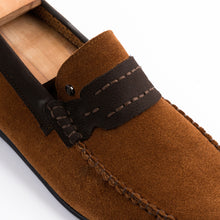 Load image into Gallery viewer, Navy Seude Collar Moccasins - Tan
