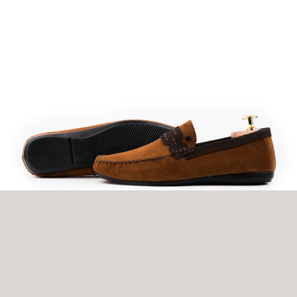 Navy Seude Collar Moccasins - Tan