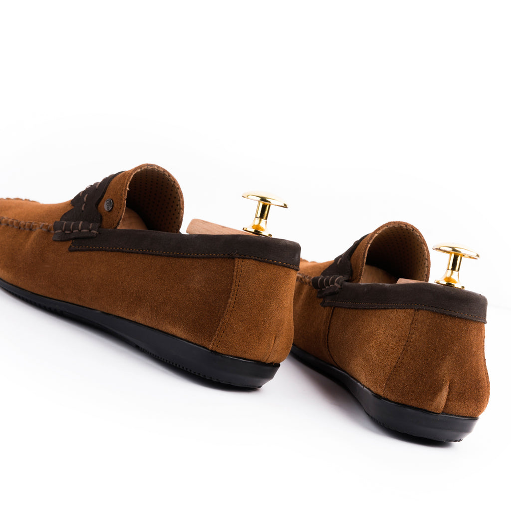 Navy Seude Collar Moccasins - Tan