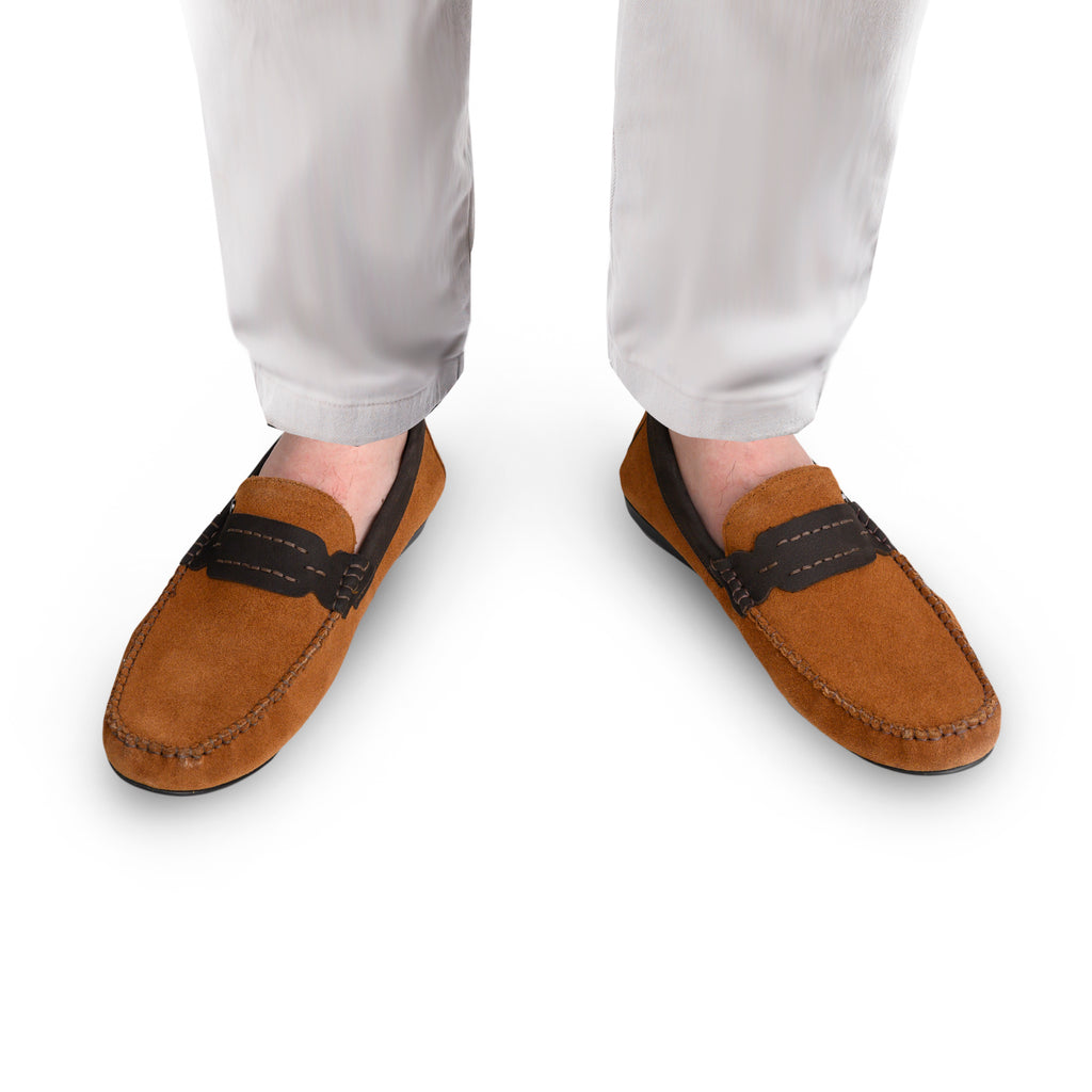 Navy Seude Collar Moccasins - Tan