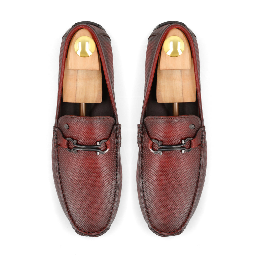 Dot Embossed Buckled Moccasins - Maroon