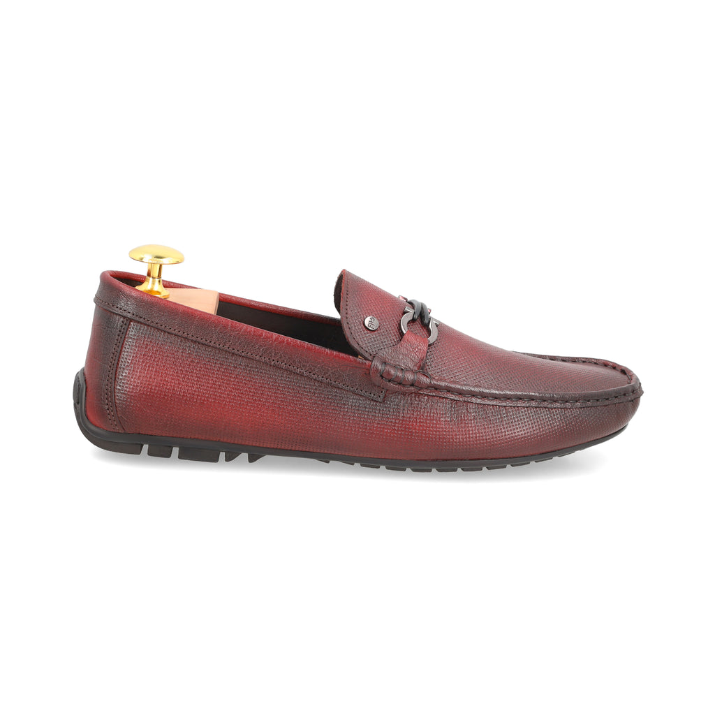 Dot Embossed Buckled Moccasins - Maroon