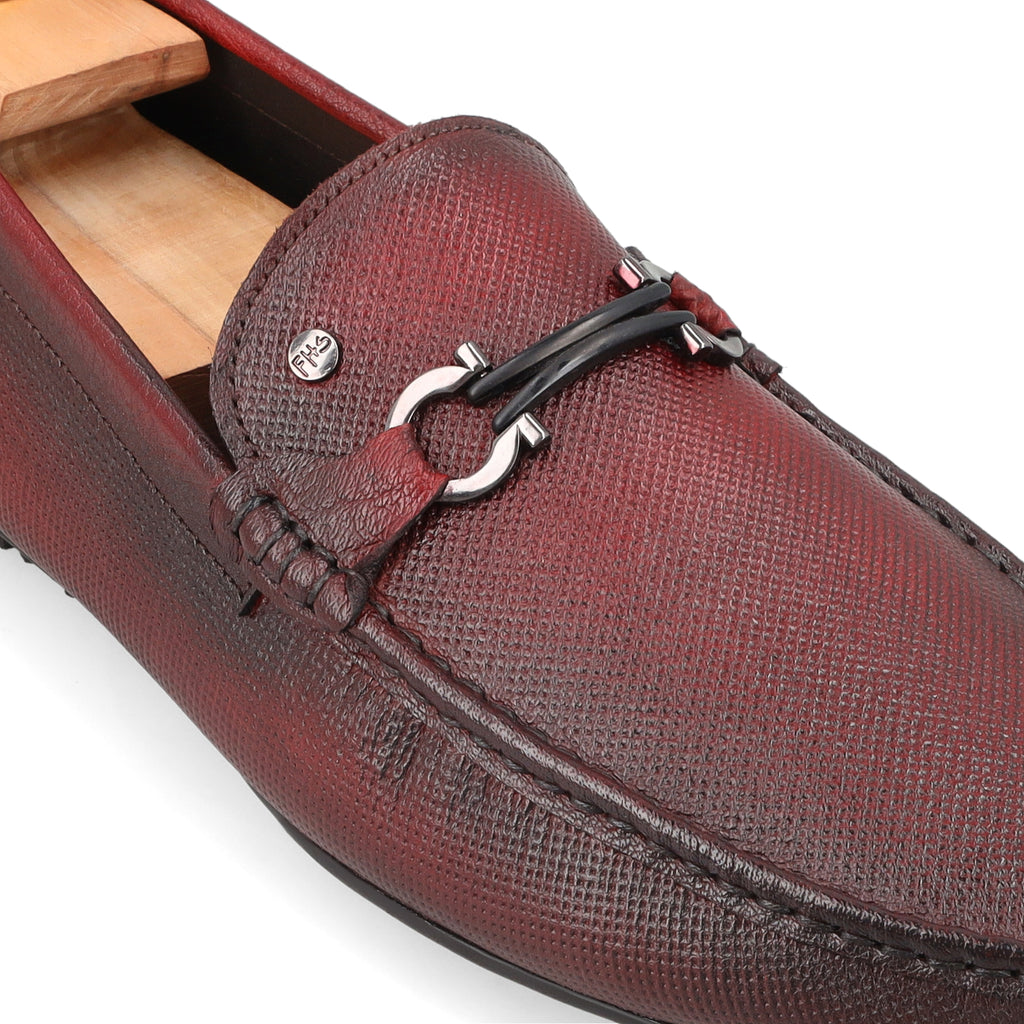 Dot Embossed Buckled Moccasins - Maroon