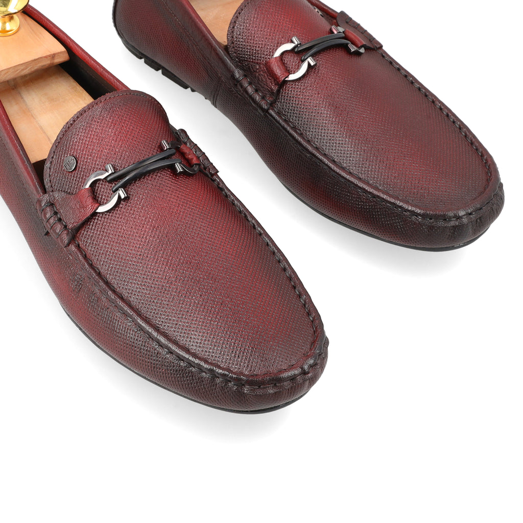 Dot Embossed Buckled Moccasins - Maroon