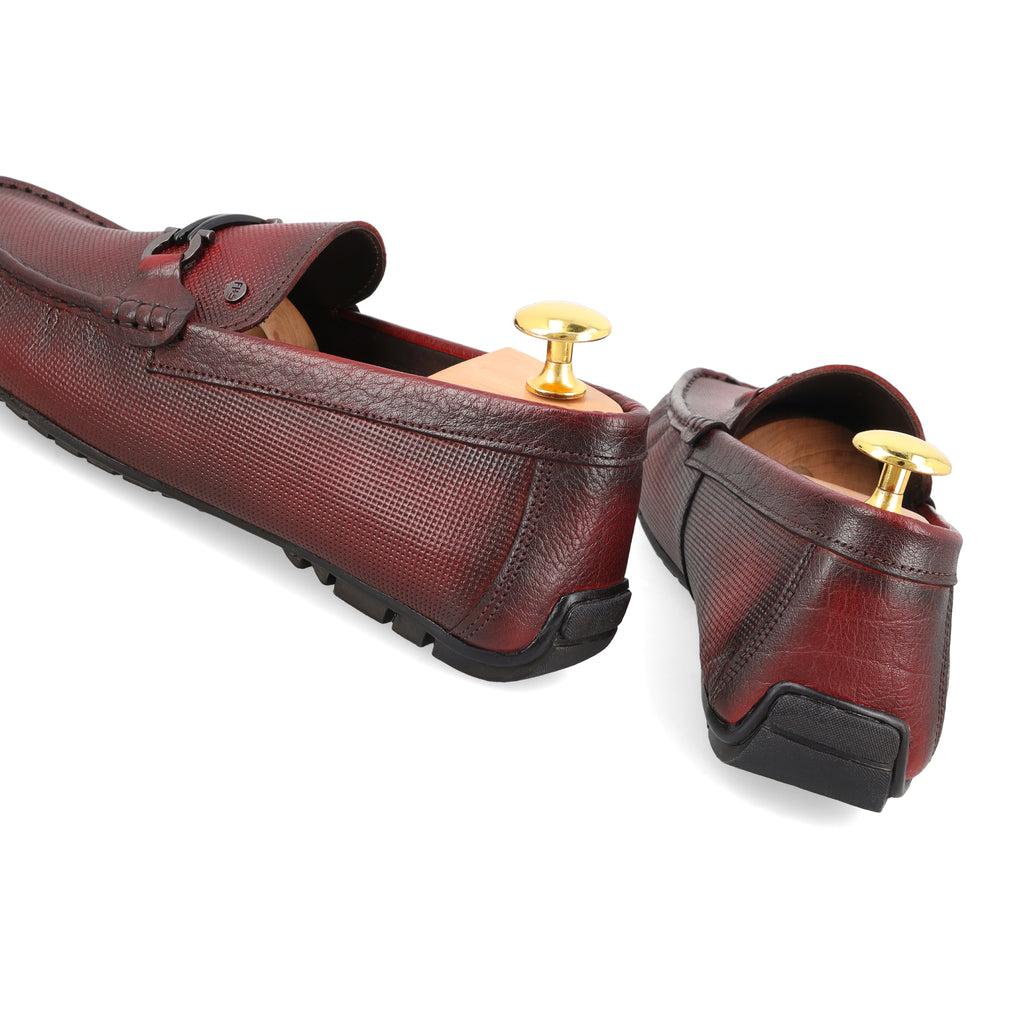 Dot Embossed Buckled Moccasins - Maroon