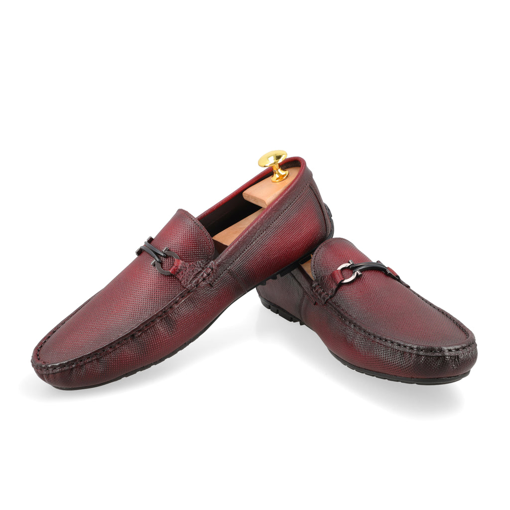 Dot Embossed Buckled Moccasins - Maroon