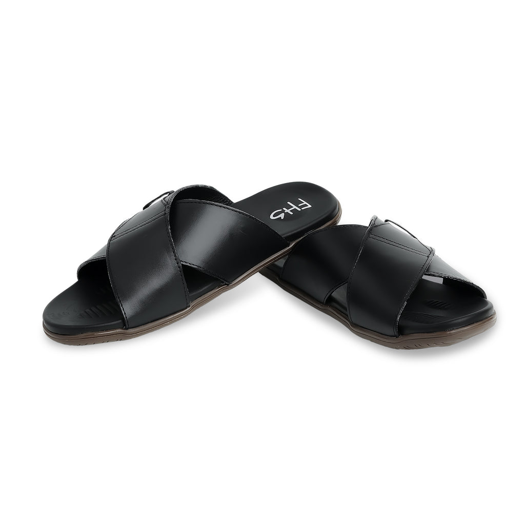 Dual Strap Leather Slippers - Black