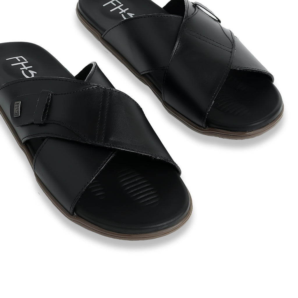 Dual Strap Leather Slippers - Black