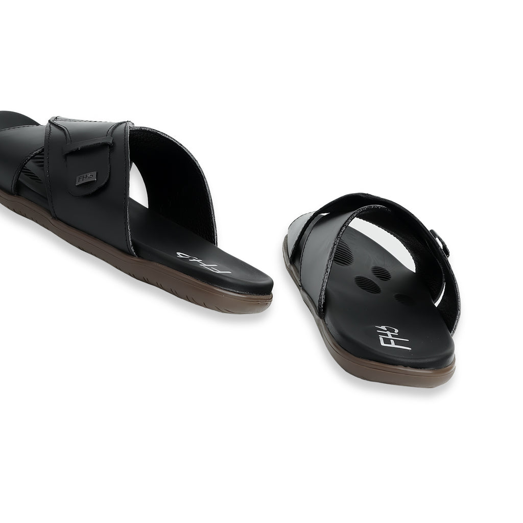 Dual Strap Leather Slippers - Black