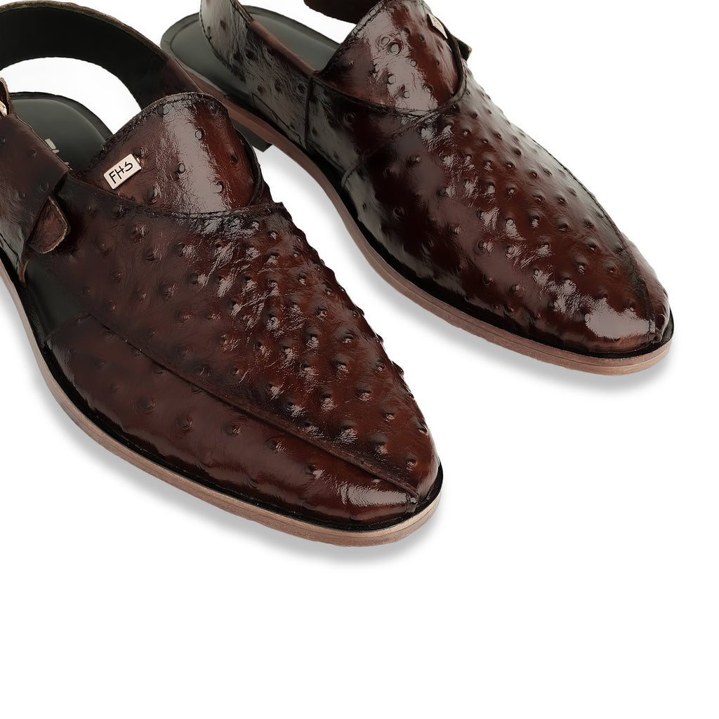 Ostrich Embossed Peshawari Sandals - Brown