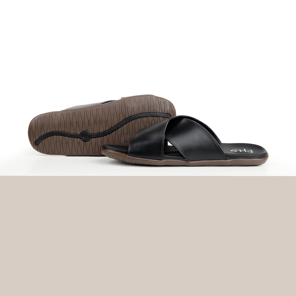 Dual Strap Leather Slippers - Black