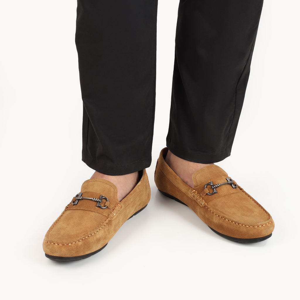 Horse Bit Buckled Suede Moccasins - Beige