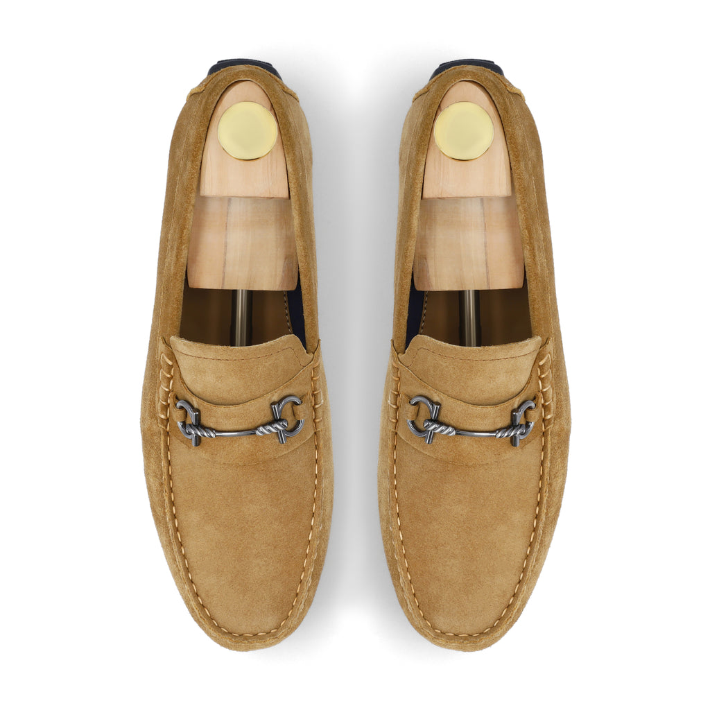 Horse Bit Buckled Suede Moccasins - Beige