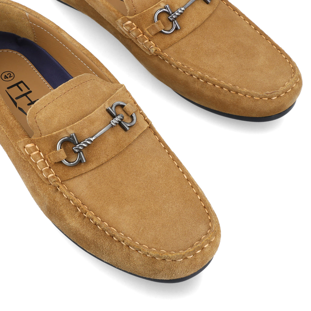 Horse Bit Buckled Suede Moccasins - Beige