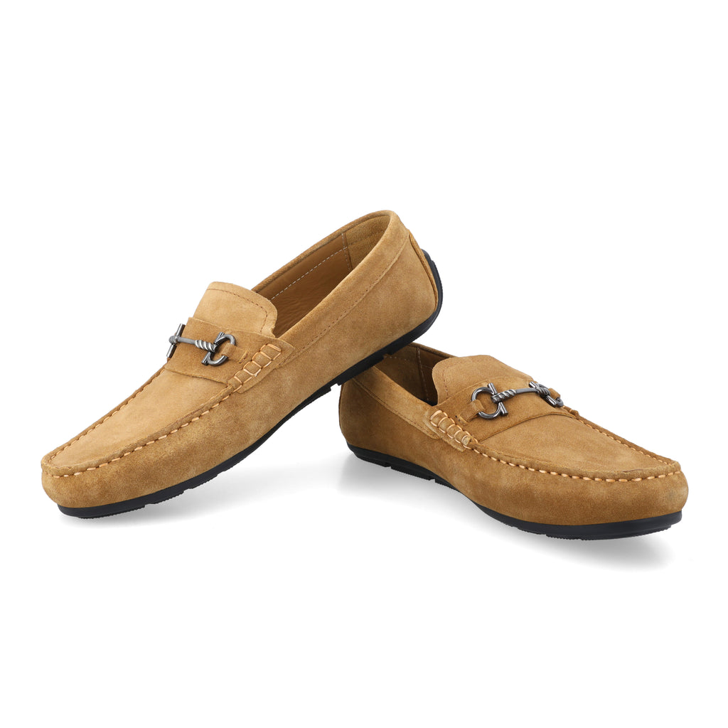 Horse Bit Buckled Suede Moccasins - Beige
