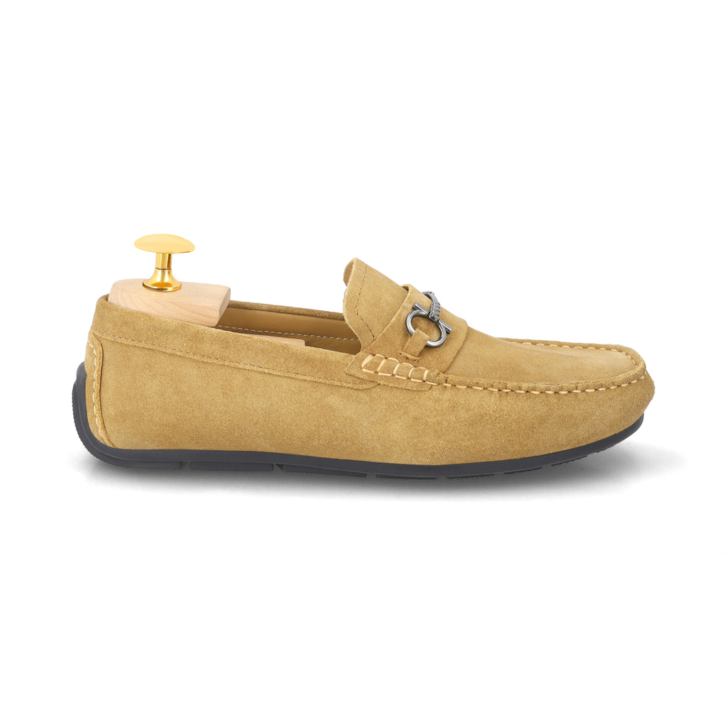 Horse Bit Buckled Suede Moccasins - Beige