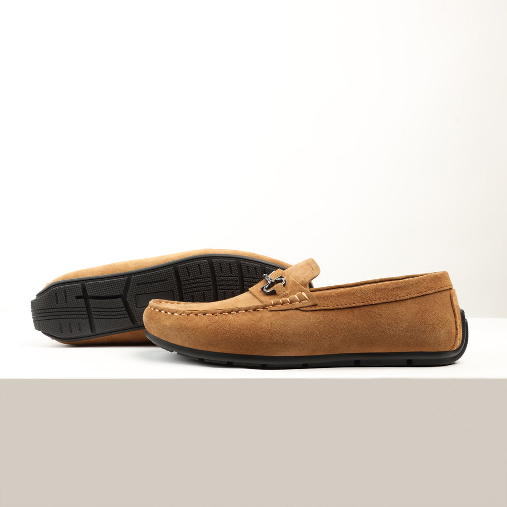 Horse Bit Buckled Suede Moccasins - Beige