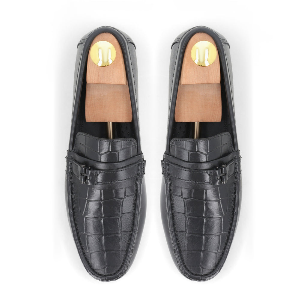 Croc-Embossed Moccasins - Black