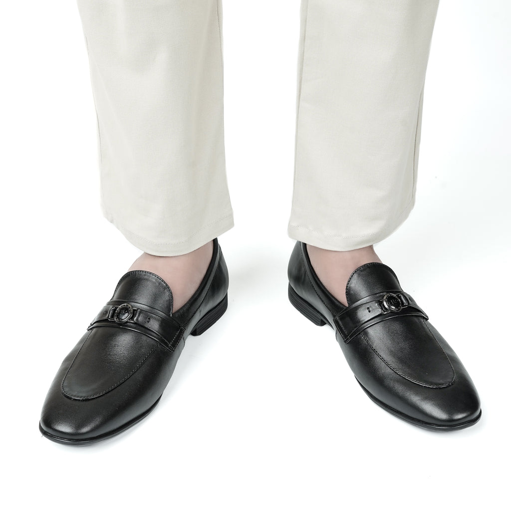 Noir Metallic Buckled Loafers - Black