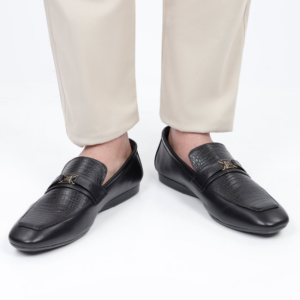 Bold Croc-Embossed Loafers - Black