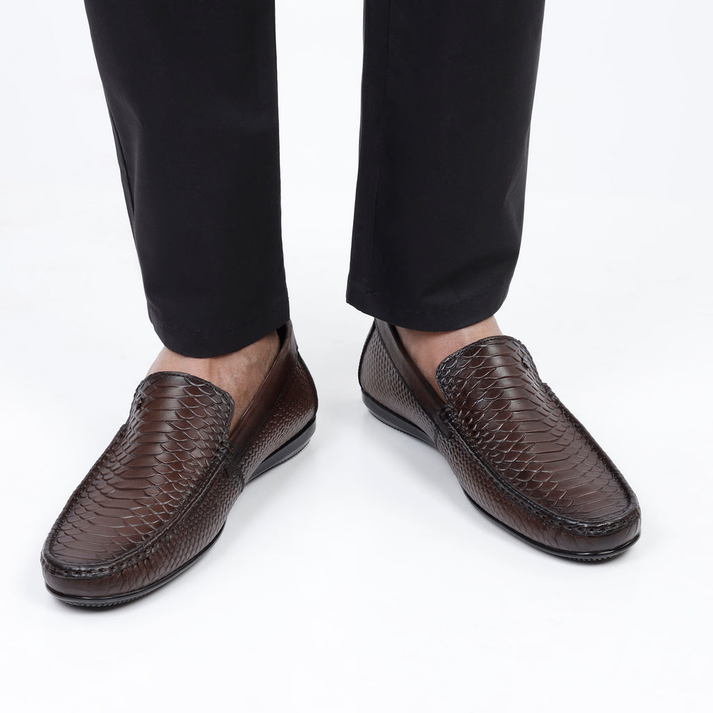 Snakeskin Embossed Moccasins - Brown