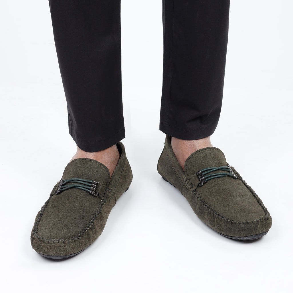 Cross-Buckled Suede Moccasins - Olive