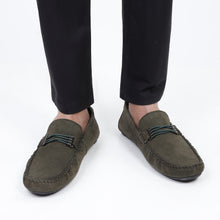 Load image into Gallery viewer, Cross-Buckled Suede Moccasins - Olive