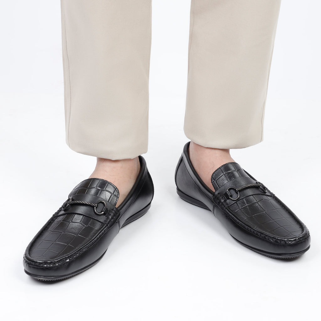 Crocodile Textured Moccasins - Black