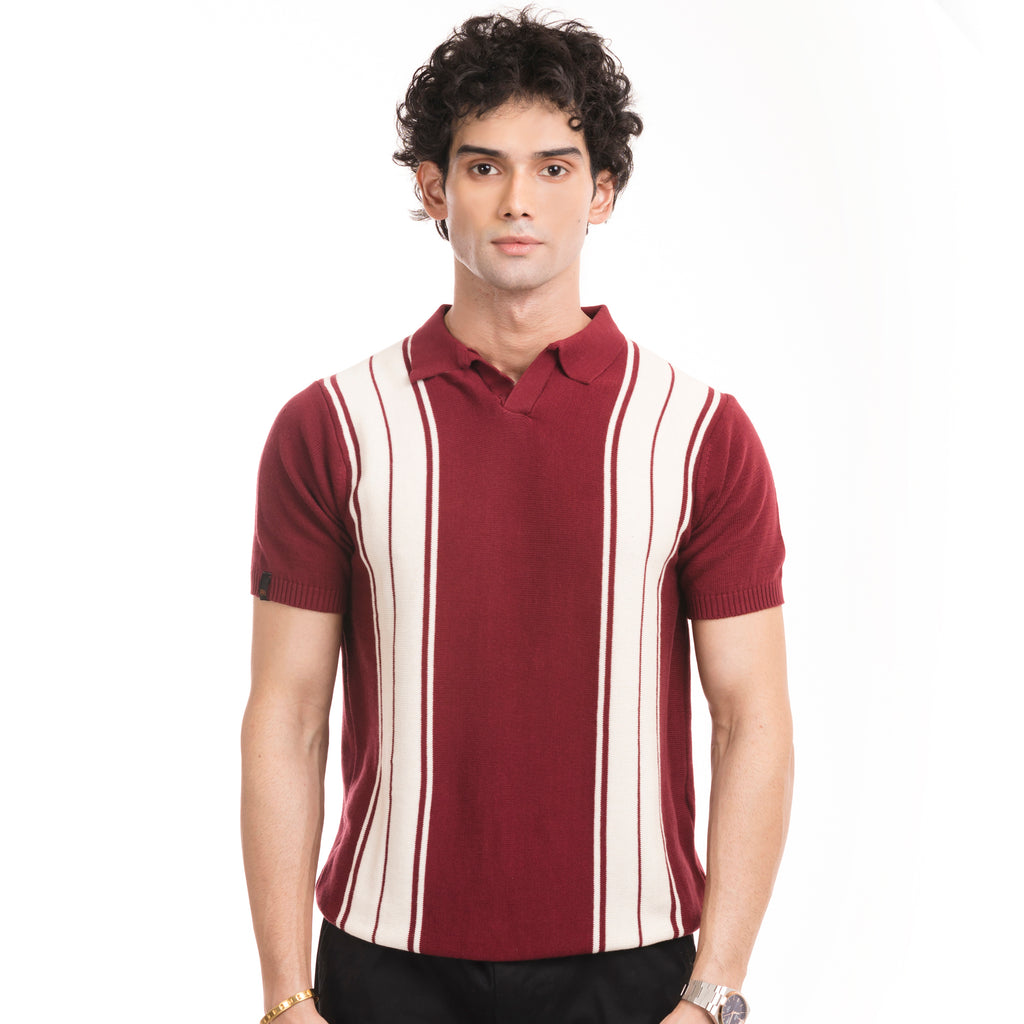 Knitted Striped Polo - Maroon/White
