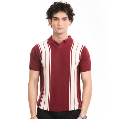 Knitted Striped Polo - Maroon/White
