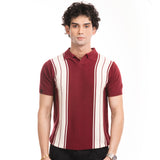 Knitted Striped Polo - Maroon/White