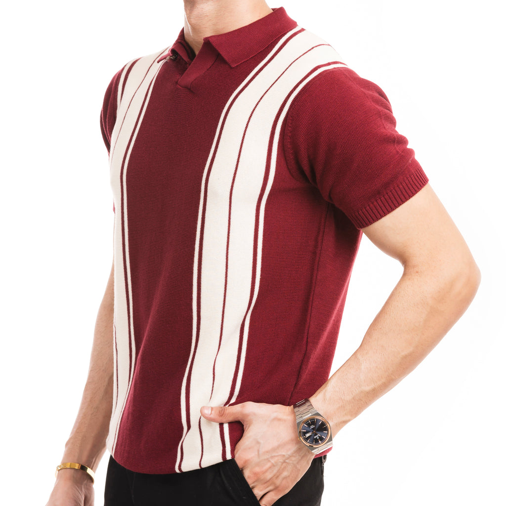 Knitted Striped Polo - Maroon/White