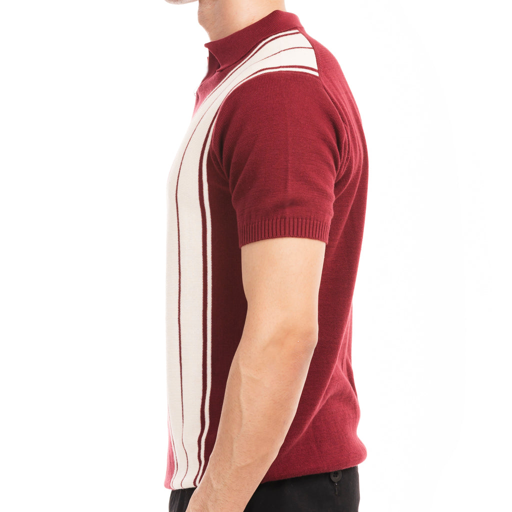 Knitted Striped Polo - Maroon/White