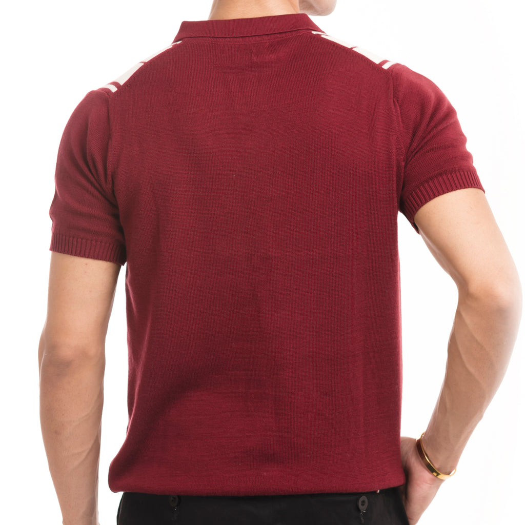 Knitted Striped Polo - Maroon/White