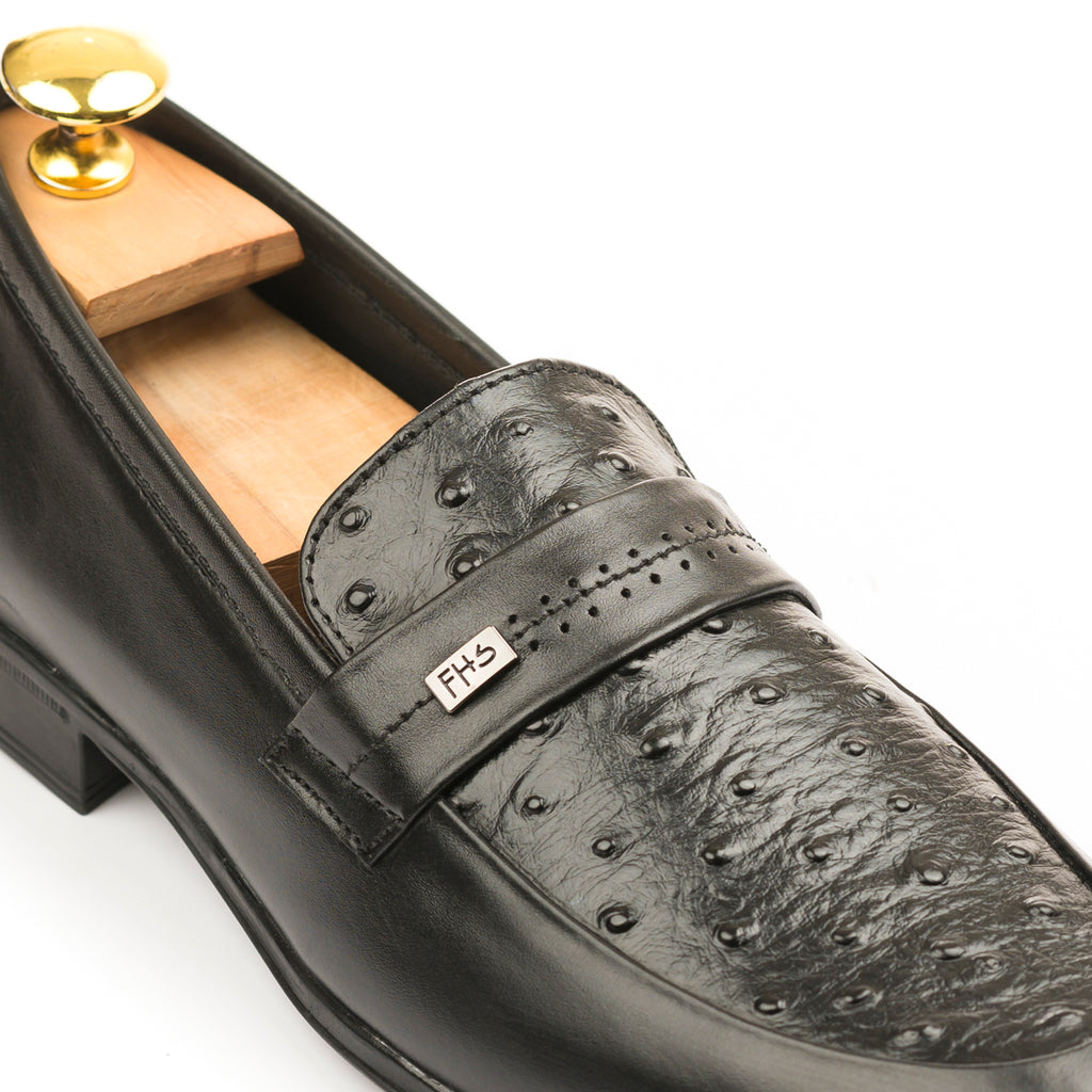 Ostrich Embossed Leather Loafers - Black